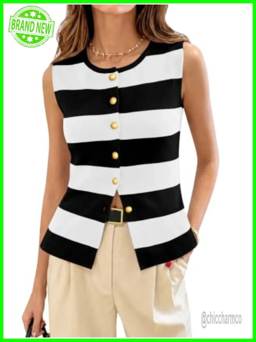 Striped Sleeveless Knit Tank Vest with Button Front - Lightweight Casual Top